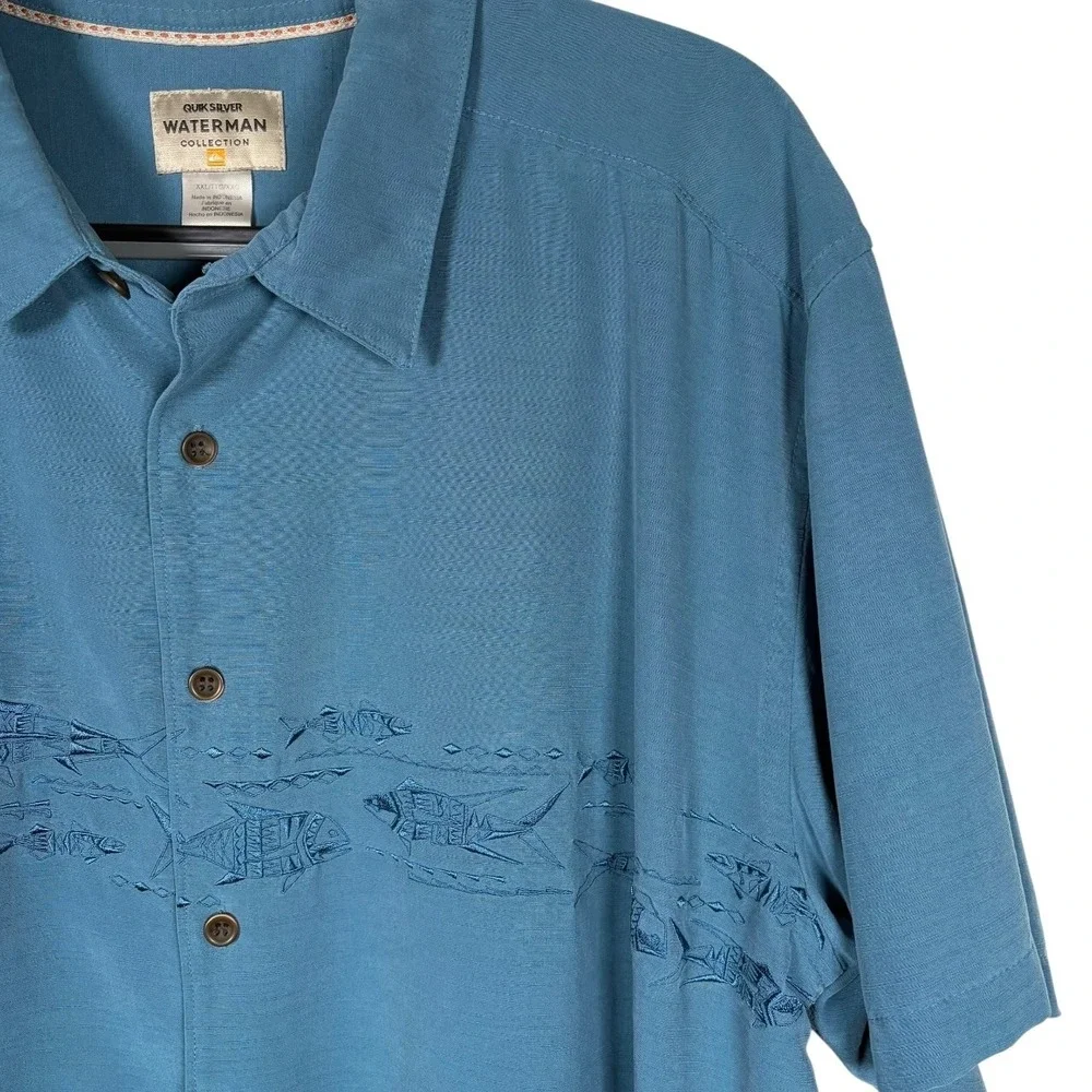 Quiksilver Waterman Shirt Mens XXL‎ Embroidered Blue Water Fish Short Sleeve